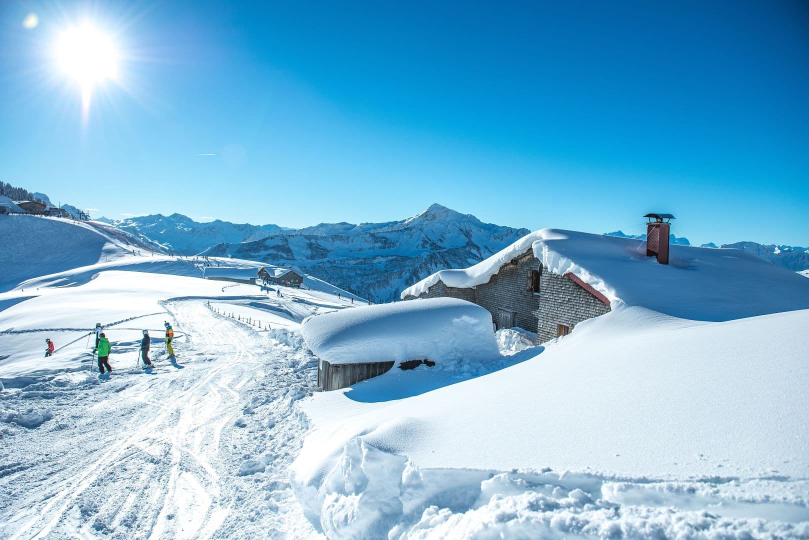 Mountain hut in Austrian mountains covered in Snow